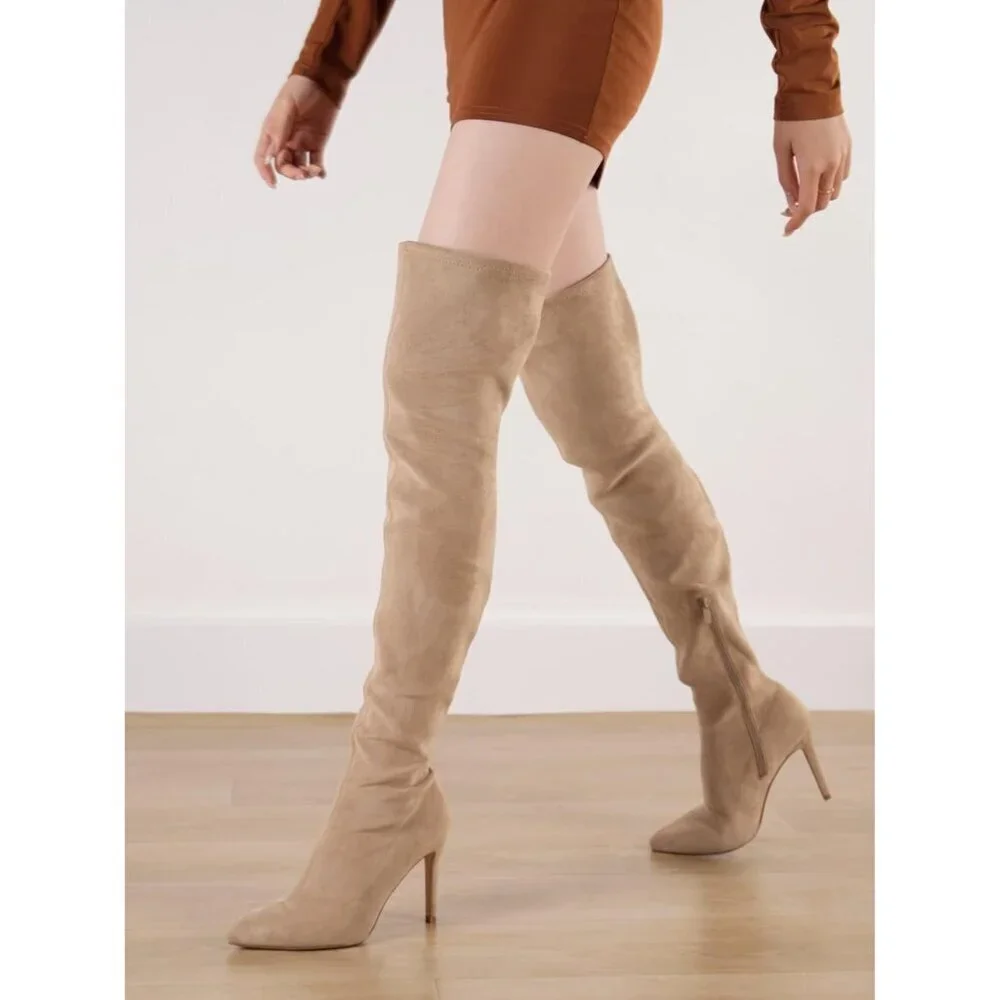 Women Khaki Suede Over The Knee High Stretchy Leather Thigh High Snow Boots